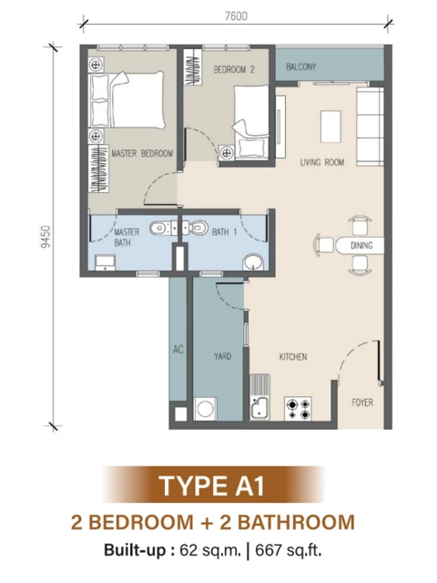 Tower C Type A1 · 667 sq ft floor plan