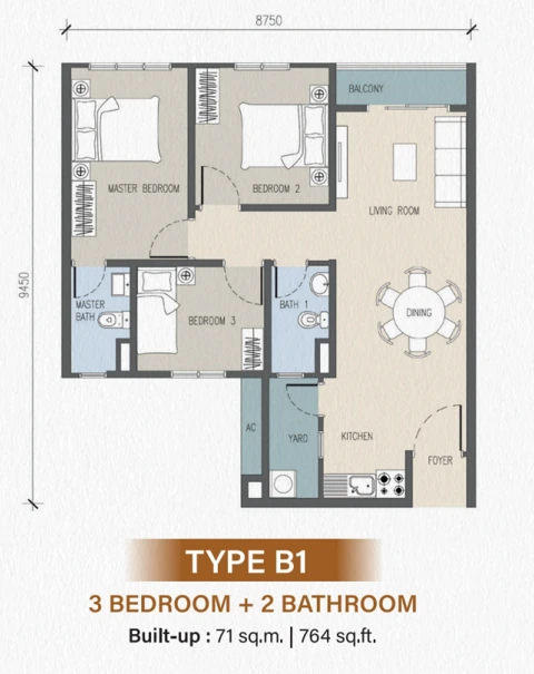 Tower C Type B1 · 764 sq ft floor plan