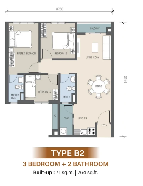 Tower C Type B2 · 764 sq ft floor plan