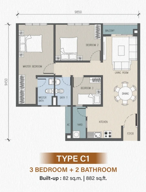 Tower C Type C1 · 882 sq ft floor plan
